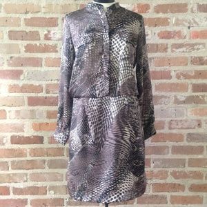 Gray Snake Print Long Sleeve Midi Shirt Dress